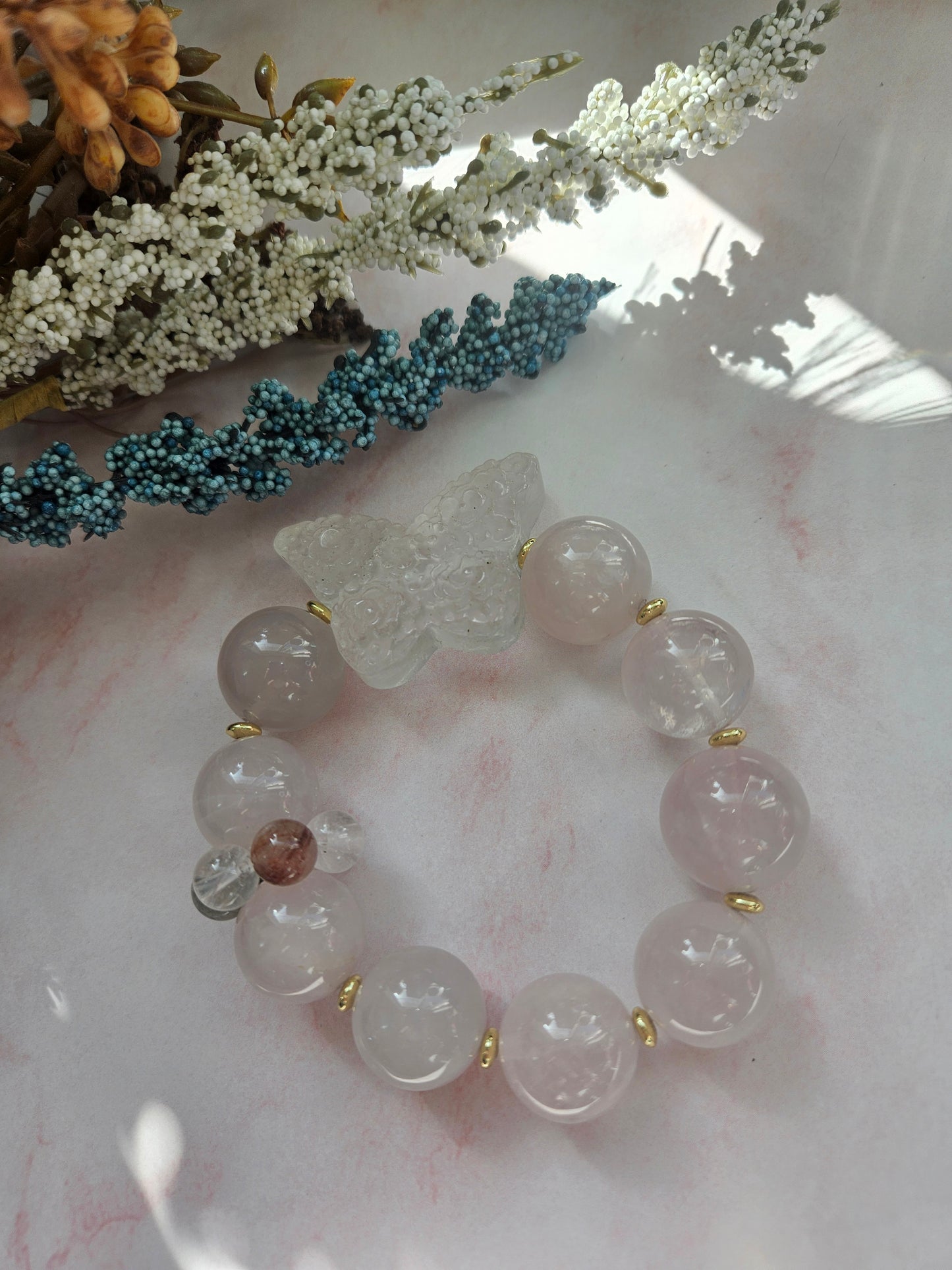 Clear Quartz Butterfly & Rose Quartz Bracelet – Rutilated Quartz Accent