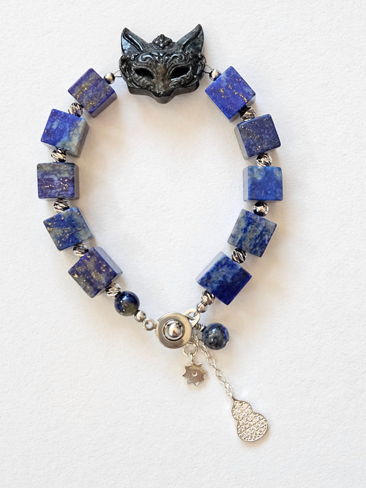 Mystic Guardian Bracelet – Lapis Lazuli & Black Obsidian Fox Head, Handmade Crystal Jewelry