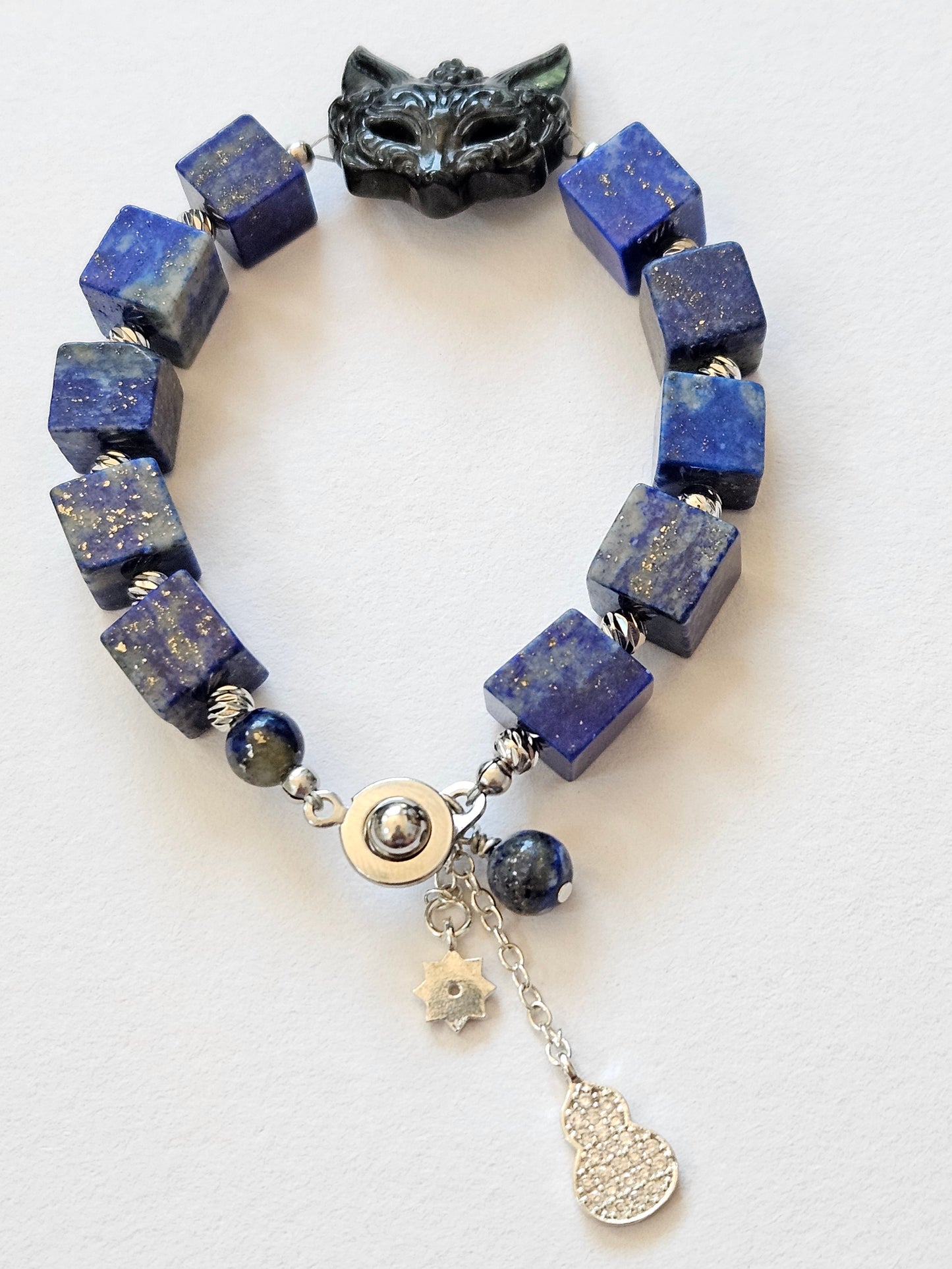 Mystic Guardian Bracelet – Lapis Lazuli & Black Obsidian Fox Head, Handmade Crystal Jewelry