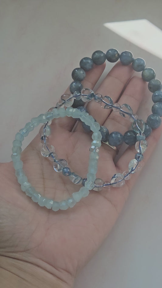 ✨ 3 Power Combo Bracelet Set – Kyanite, Aquamarine & Blue Snowflake Phantom Quartz