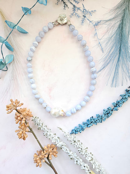 Natural Blue Lace Agate & Freshwater Pearl Choker Necklace – 16” Handmade Crystal Jewelry with Mother-of-Pearl Flower Clasp