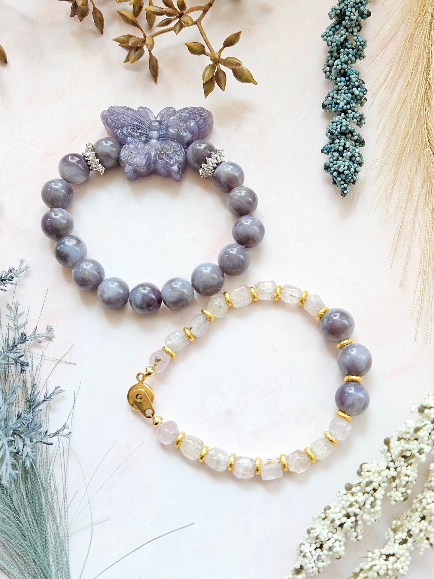 2-Piece Bracelet Combo – Kunzite & Purple Mica Butterfly Set