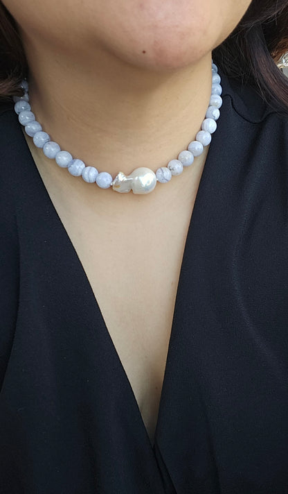 Natural Blue Lace Agate & Freshwater Pearl Choker Necklace – 16” Handmade Crystal Jewelry with Mother-of-Pearl Flower Clasp