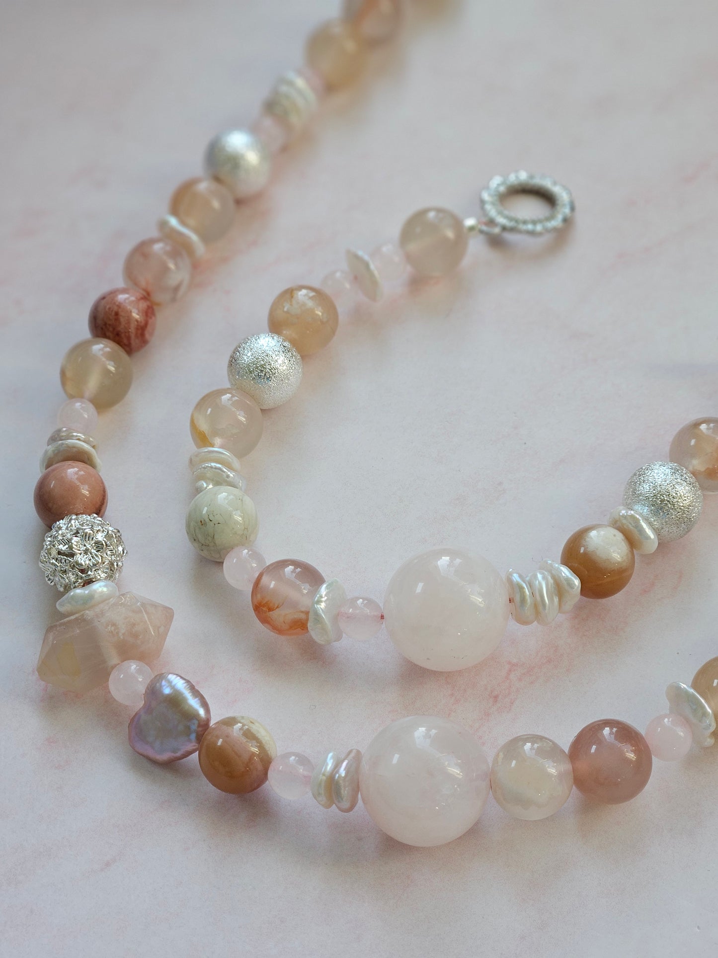 Handmade Chunky Gemstone Necklace & Bracelet Set with Flower Agate, Rose Quartz and Freshwater Pearls