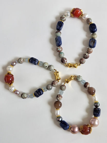 Handcrafted Freshwater Pearl & Gemstone Bracelet | Nanhong Agate, Turquoise, Lapis Lazuli, and Opal Accents