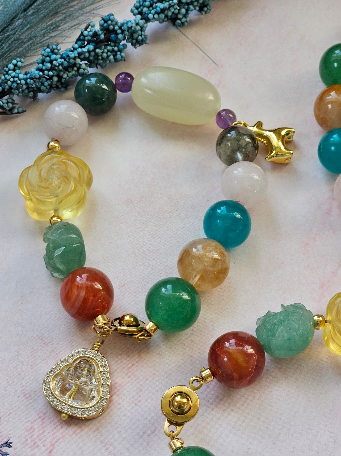 Gold Horse Charm Crystal Bracelet | Natural Gemstone Beaded Bracelet with Stainless Steel Clasp
