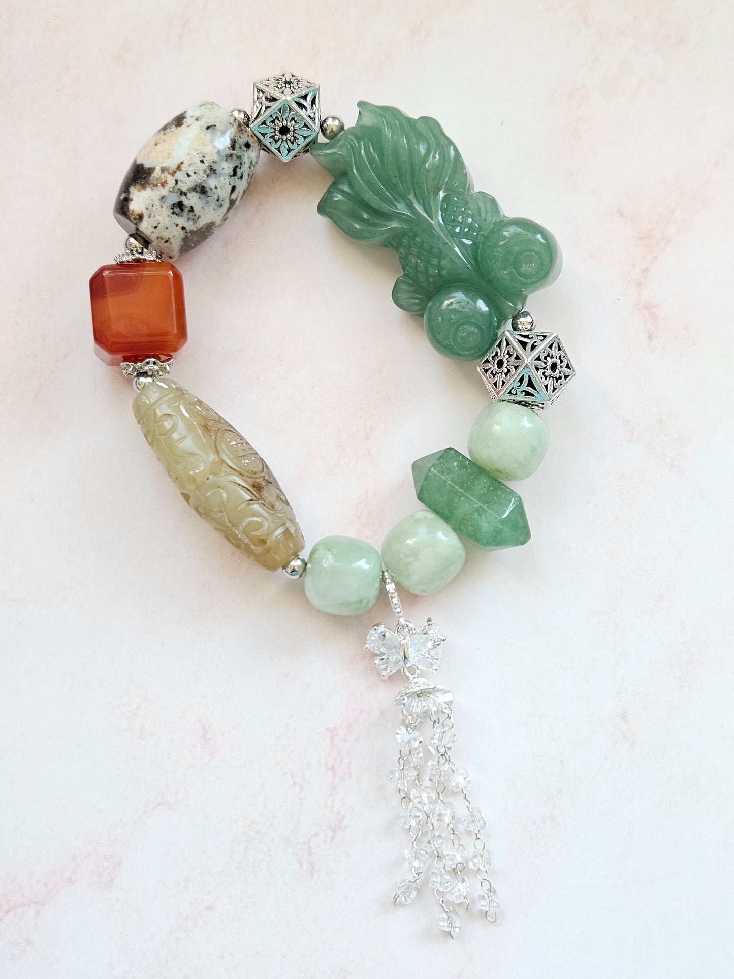 Green Aventurine Koi Fish Bracelet with Ocean Jasper, Vintage Jade & Carnelian