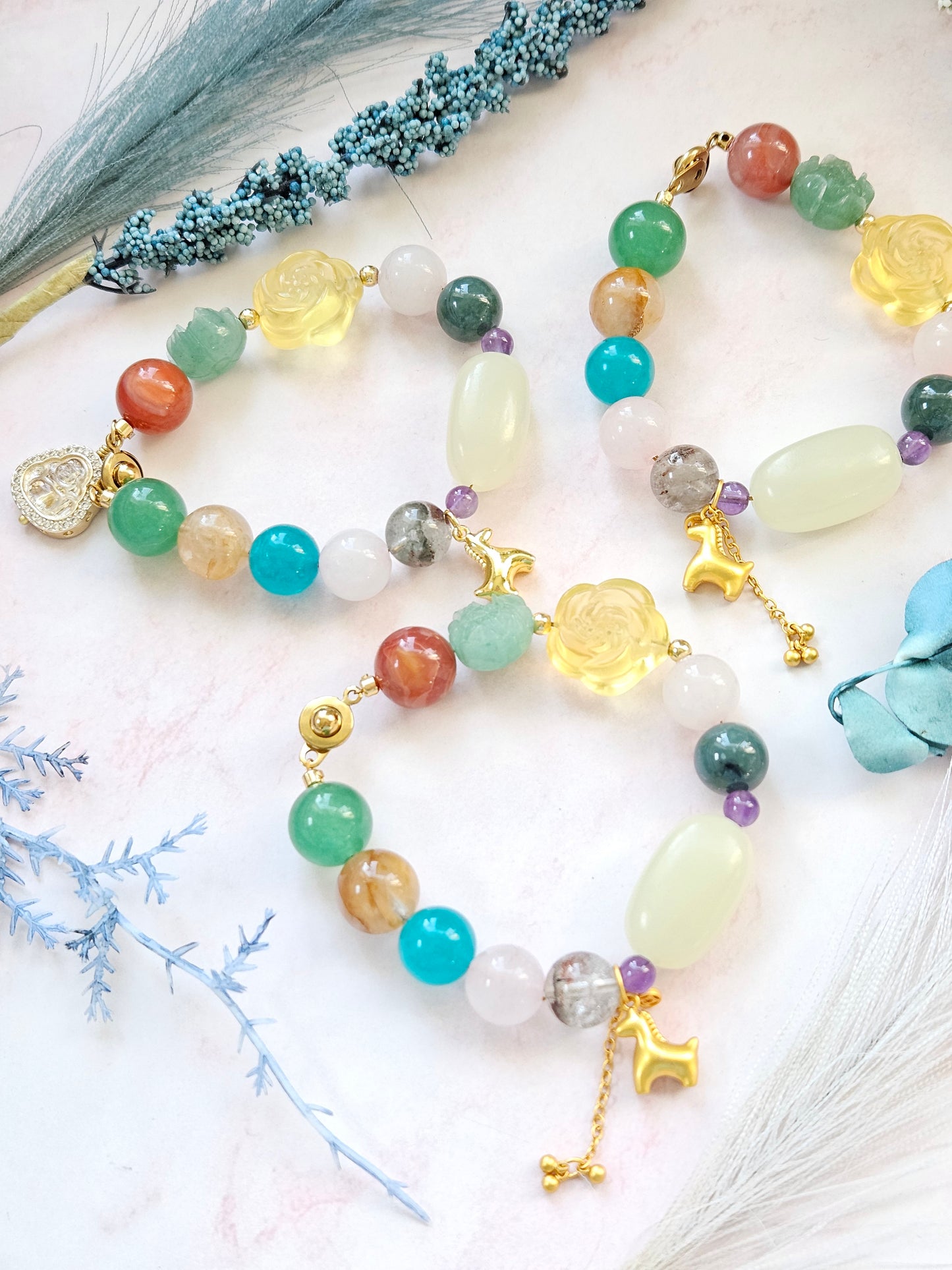 Gold Horse Charm Crystal Bracelet | Natural Gemstone Beaded Bracelet with Stainless Steel Clasp