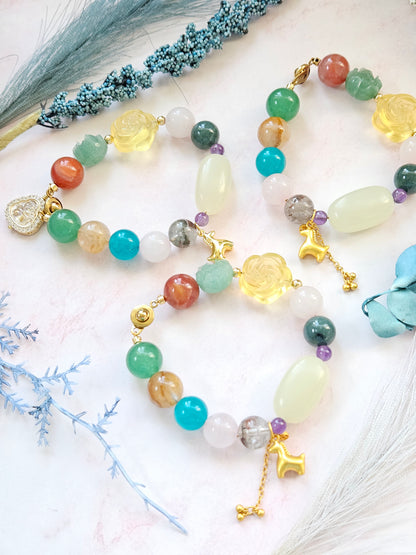 Gold Horse Charm Crystal Bracelet | Natural Gemstone Beaded Bracelet with Stainless Steel Clasp