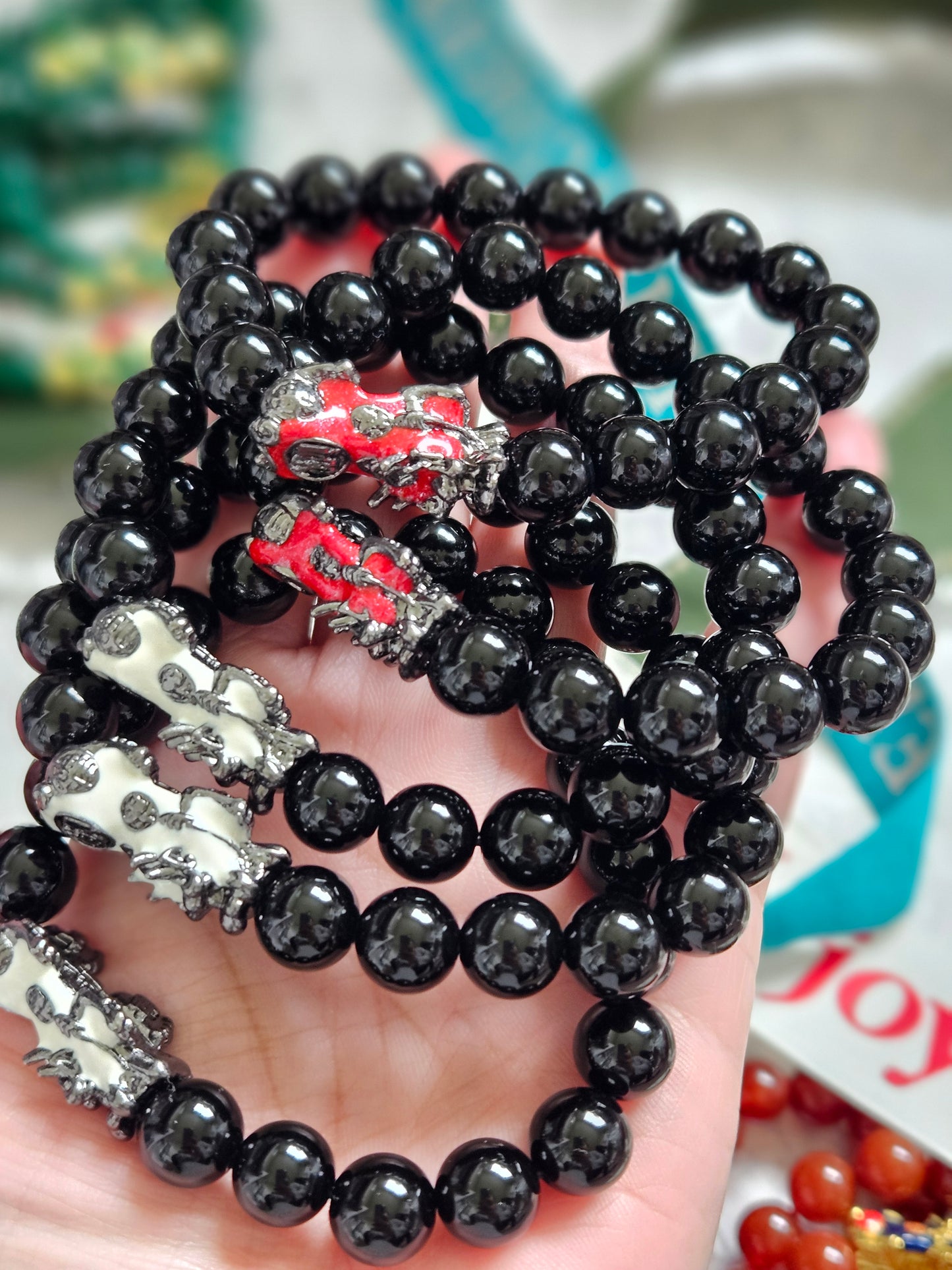 Black, Red & Green Agate Pixiu Bracelet (Elastic Fit)