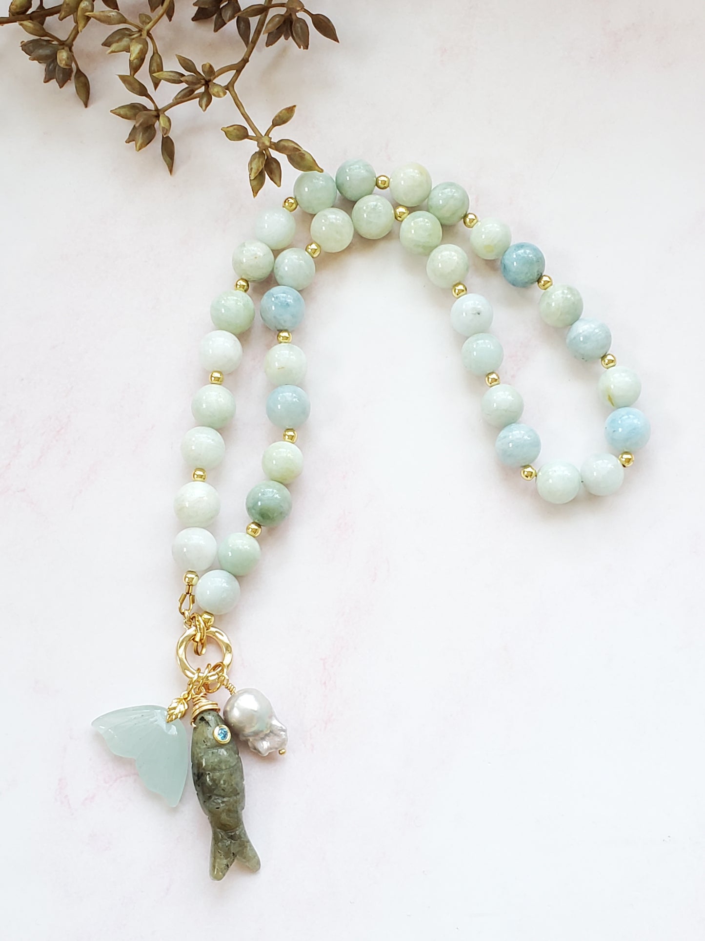 Sea life inspired multi charm necklace | Handpicked natural aquamarine stones, | Dulzs Designs