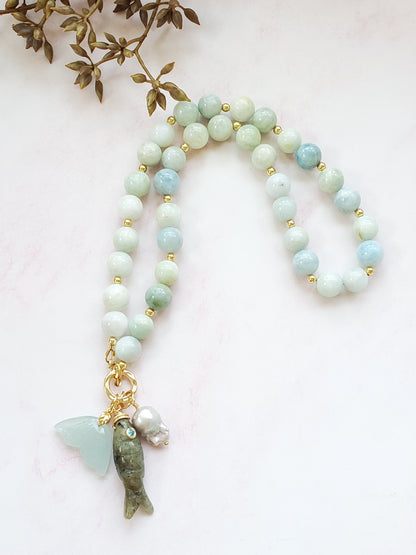 Sea life inspired multi charm necklace | Handpicked natural aquamarine stones, | Dulzs Designs