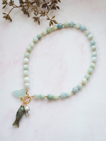 Sea life inspired multi charm necklace | Handpicked natural aquamarine stones, | Dulzs Designs