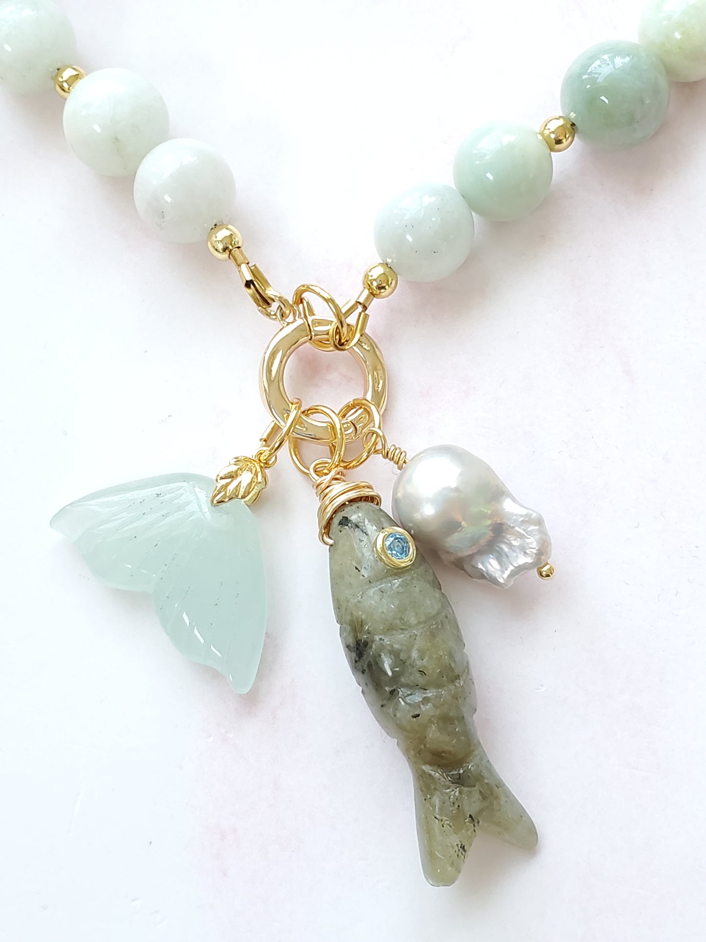 Sea life inspired multi charm necklace | Handpicked natural aquamarine stones, | Dulzs Designs