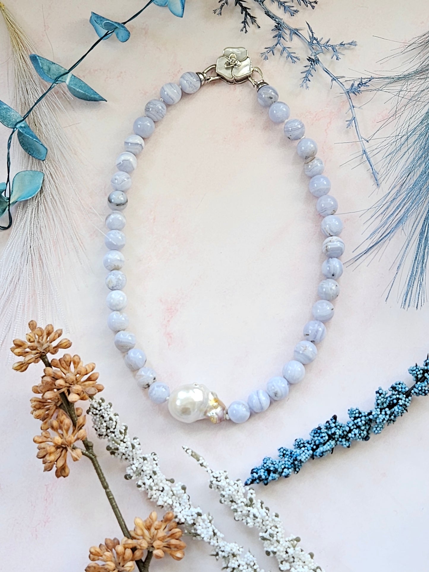 Natural Blue Lace Agate & Freshwater Pearl Choker Necklace – 16” Handmade Crystal Jewelry with Mother-of-Pearl Flower Clasp