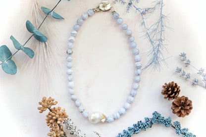 Natural Blue Lace Agate & Freshwater Pearl Choker Necklace – 16” Handmade Crystal Jewelry with Mother-of-Pearl Flower Clasp