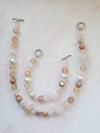 Handmade Chunky Gemstone Necklace & Bracelet Set with Flower Agate, Rose Quartz and Freshwater Pearls