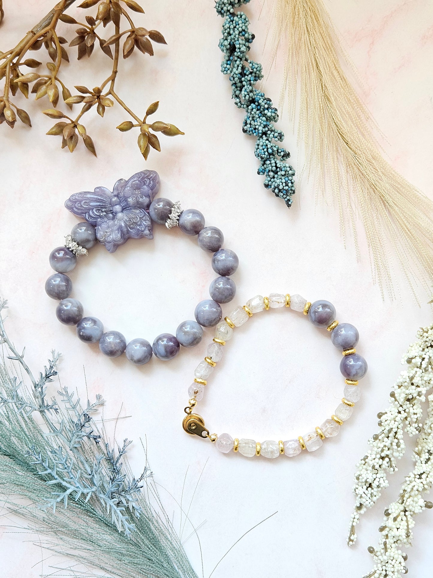 2-Piece Bracelet Combo – Kunzite & Purple Mica Butterfly Set