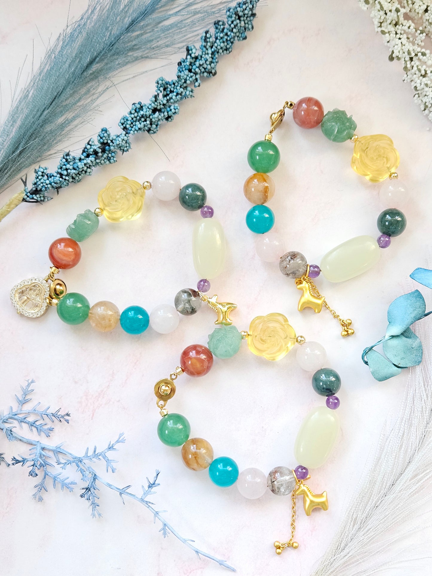 Gold Horse Charm Crystal Bracelet | Natural Gemstone Beaded Bracelet with Stainless Steel Clasp