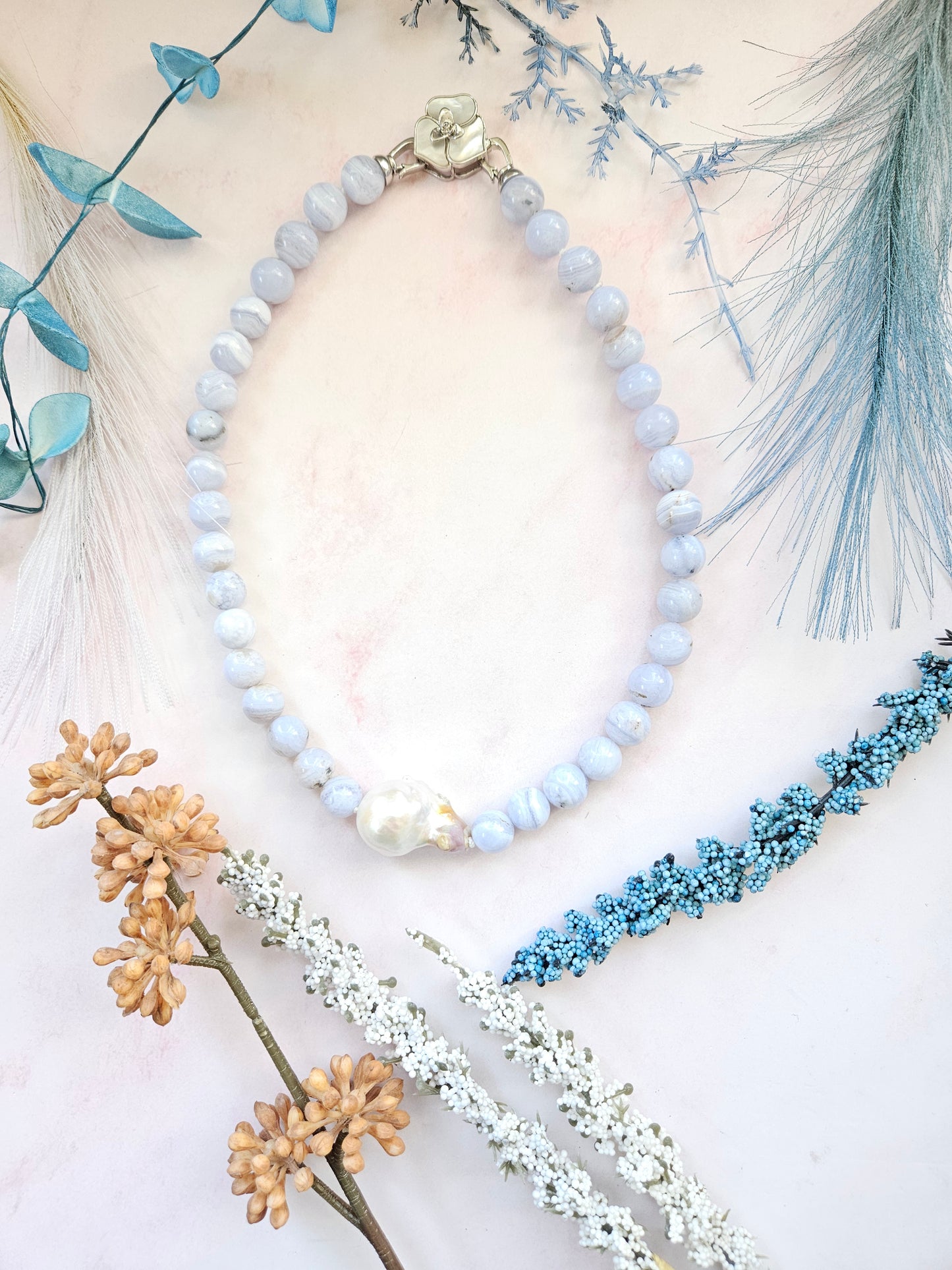 Natural Blue Lace Agate & Freshwater Pearl Choker Necklace – 16” Handmade Crystal Jewelry with Mother-of-Pearl Flower Clasp