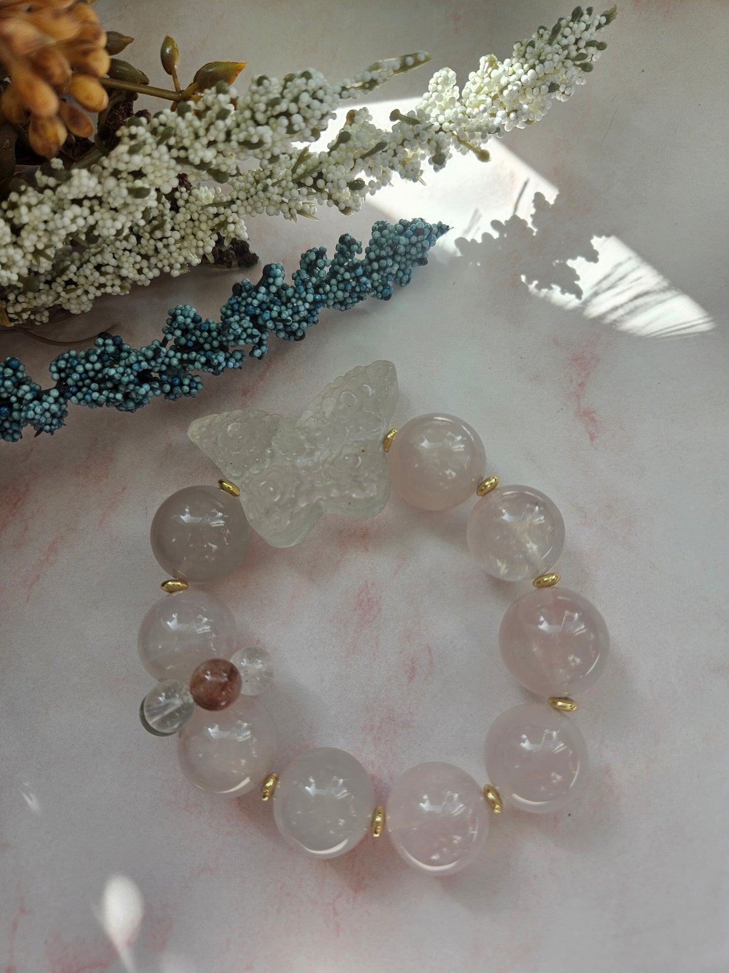 Clear Quartz Butterfly & Rose Quartz Bracelet – Rutilated Quartz Accent