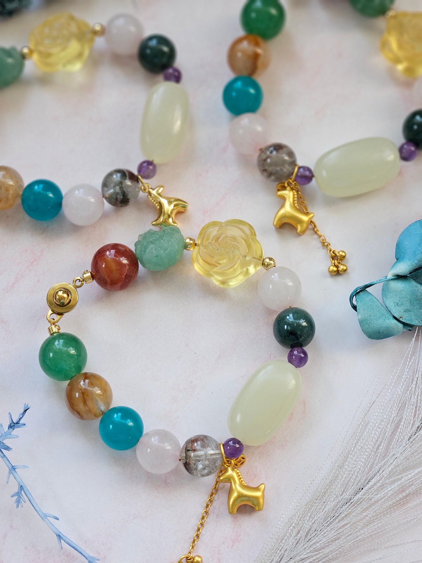 Gold Horse Charm Crystal Bracelet | Natural Gemstone Beaded Bracelet with Stainless Steel Clasp
