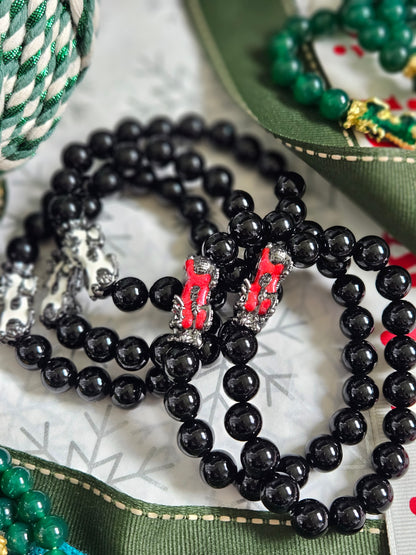 Black, Red & Green Agate Pixiu Bracelet (Elastic Fit)