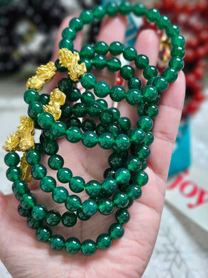 Black, Red & Green Agate Pixiu Bracelet (Elastic Fit)
