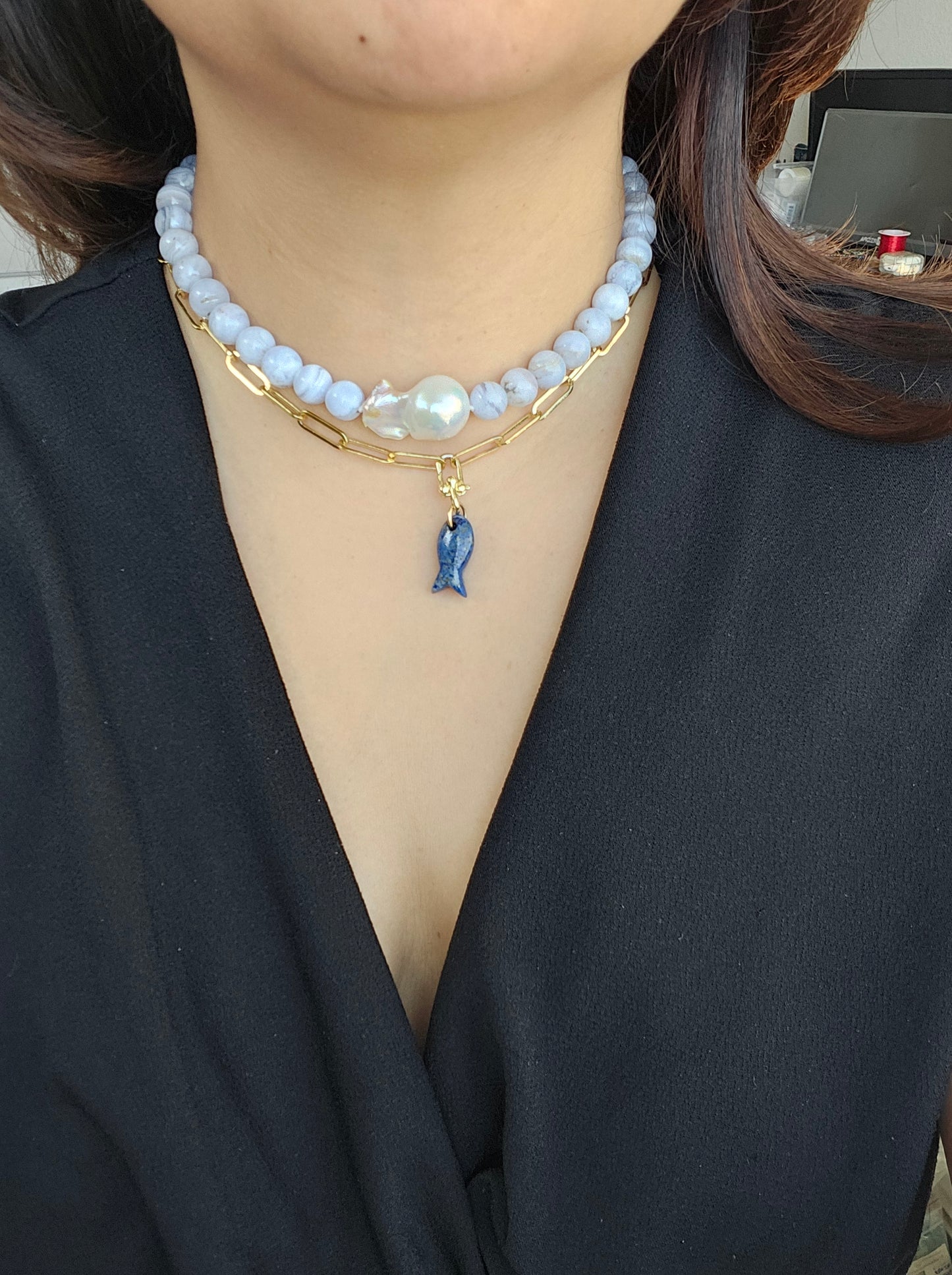 Natural Blue Lace Agate & Freshwater Pearl Choker Necklace – 16” Handmade Crystal Jewelry with Mother-of-Pearl Flower Clasp