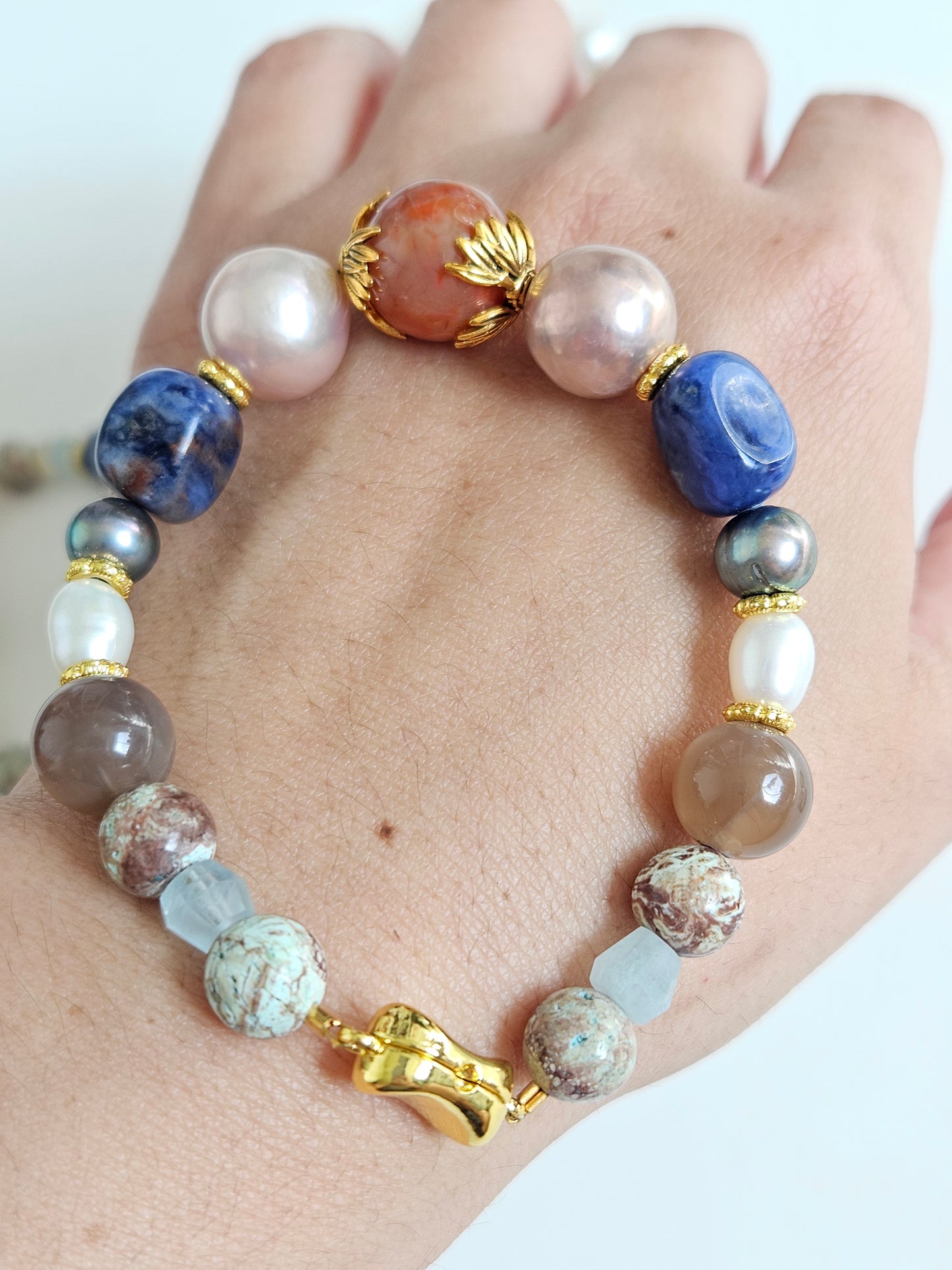 Handcrafted Freshwater Pearl & Gemstone Bracelet | Nanhong Agate, Turquoise, Lapis Lazuli, and Opal Accents