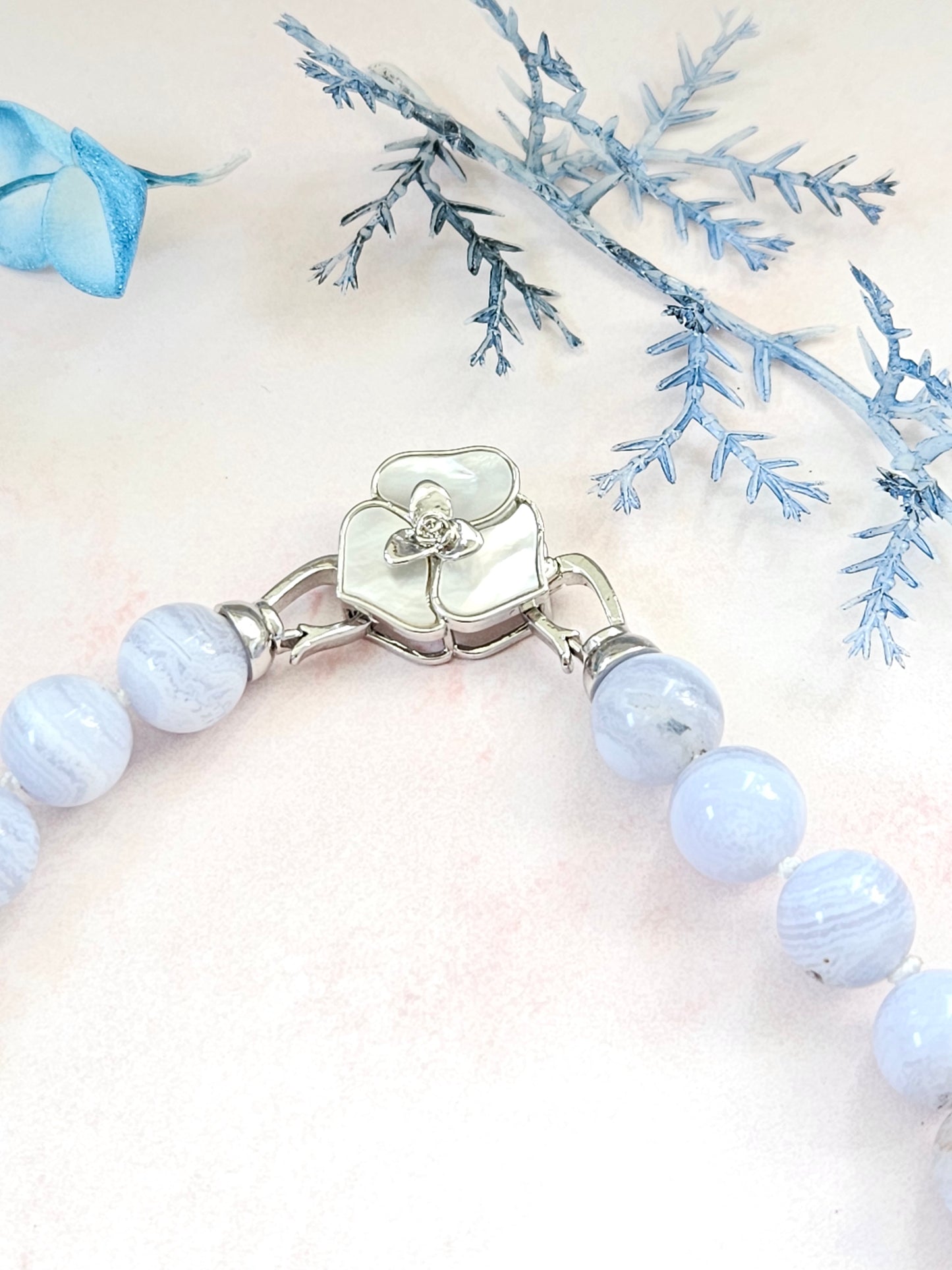 Natural Blue Lace Agate & Freshwater Pearl Choker Necklace – 16” Handmade Crystal Jewelry with Mother-of-Pearl Flower Clasp