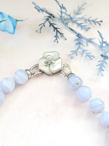 Natural Blue Lace Agate & Freshwater Pearl Choker Necklace – 16” Handmade Crystal Jewelry with Mother-of-Pearl Flower Clasp