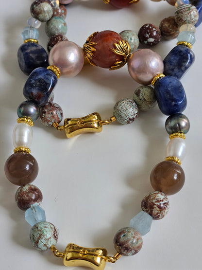 Handcrafted Freshwater Pearl & Gemstone Bracelet | Nanhong Agate, Turquoise, Lapis Lazuli, and Opal Accents