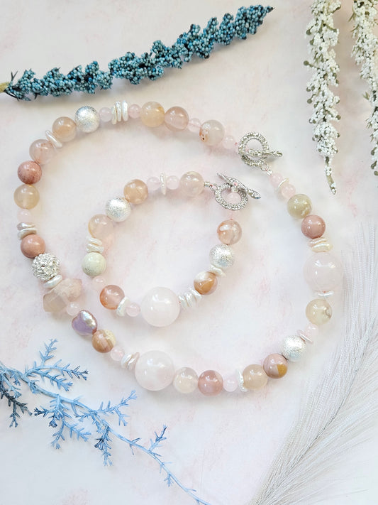 Handmade Chunky Gemstone Necklace & Bracelet Set with Flower Agate, Rose Quartz and Freshwater Pearls