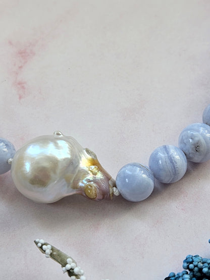 Natural Blue Lace Agate & Freshwater Pearl Choker Necklace – 16” Handmade Crystal Jewelry with Mother-of-Pearl Flower Clasp