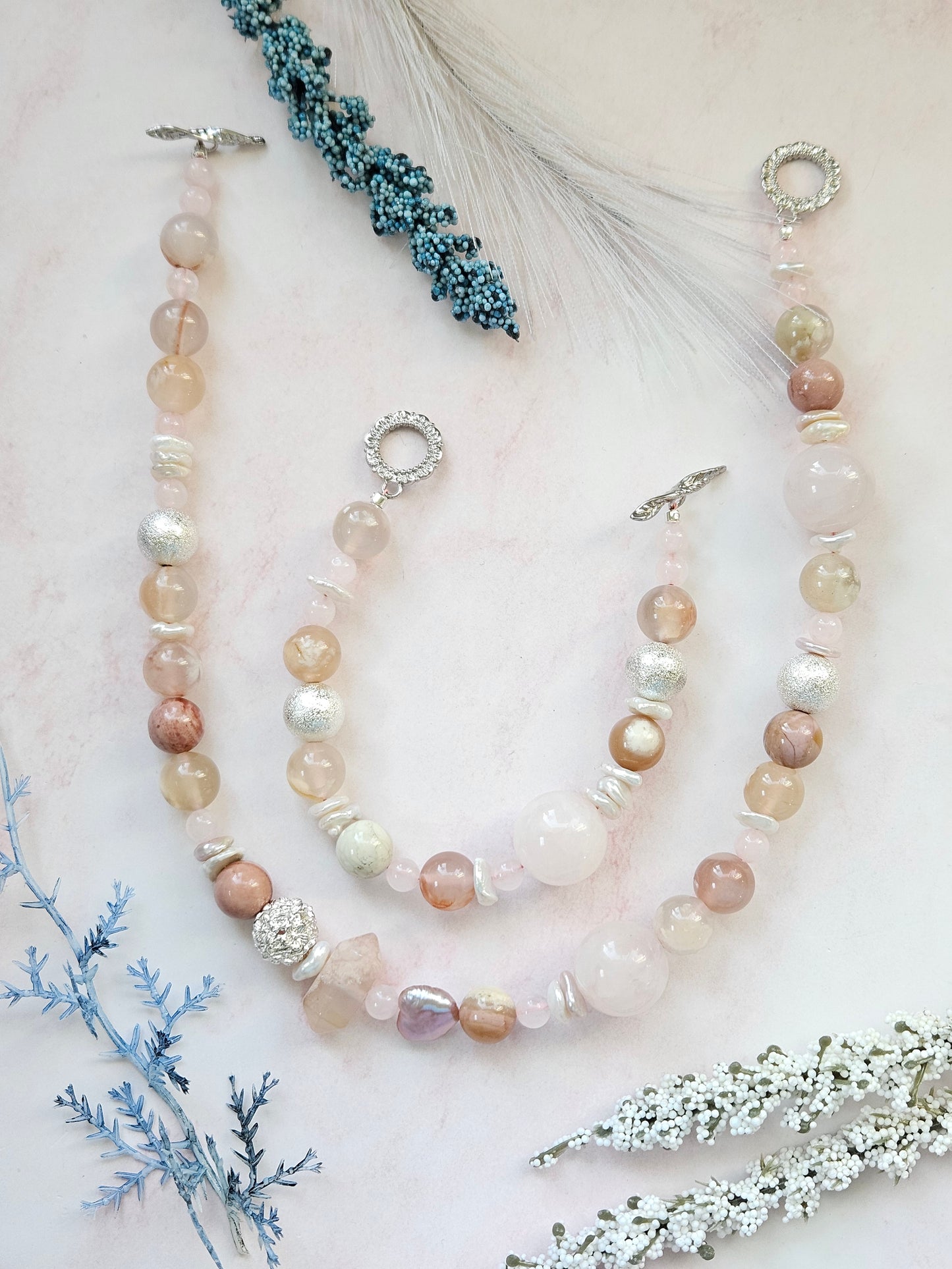 Handmade Chunky Gemstone Necklace & Bracelet Set with Flower Agate, Rose Quartz and Freshwater Pearls