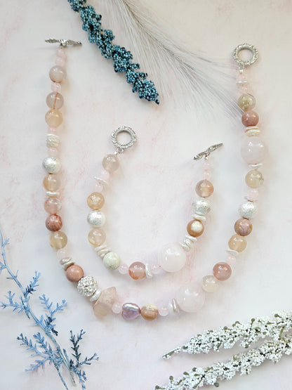 Handmade Chunky Gemstone Necklace & Bracelet Set with Flower Agate, Rose Quartz and Freshwater Pearls