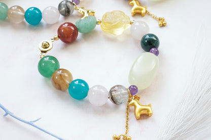 Gold Horse Charm Crystal Bracelet | Natural Gemstone Beaded Bracelet with Stainless Steel Clasp